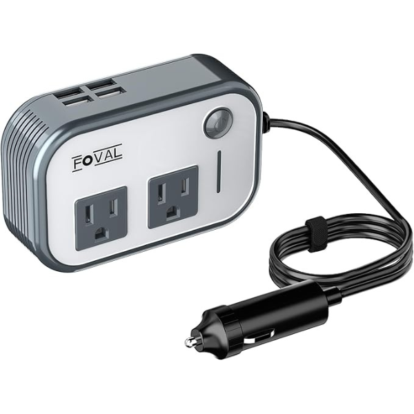 FOVAL 12V DC to 110V AC Car Inverte with 4 USB Ports Car Outlet Adapter, Power Inverter for Vehicles, Car Plug Adapter Outlet for Laptop Computer Charger (Gray)